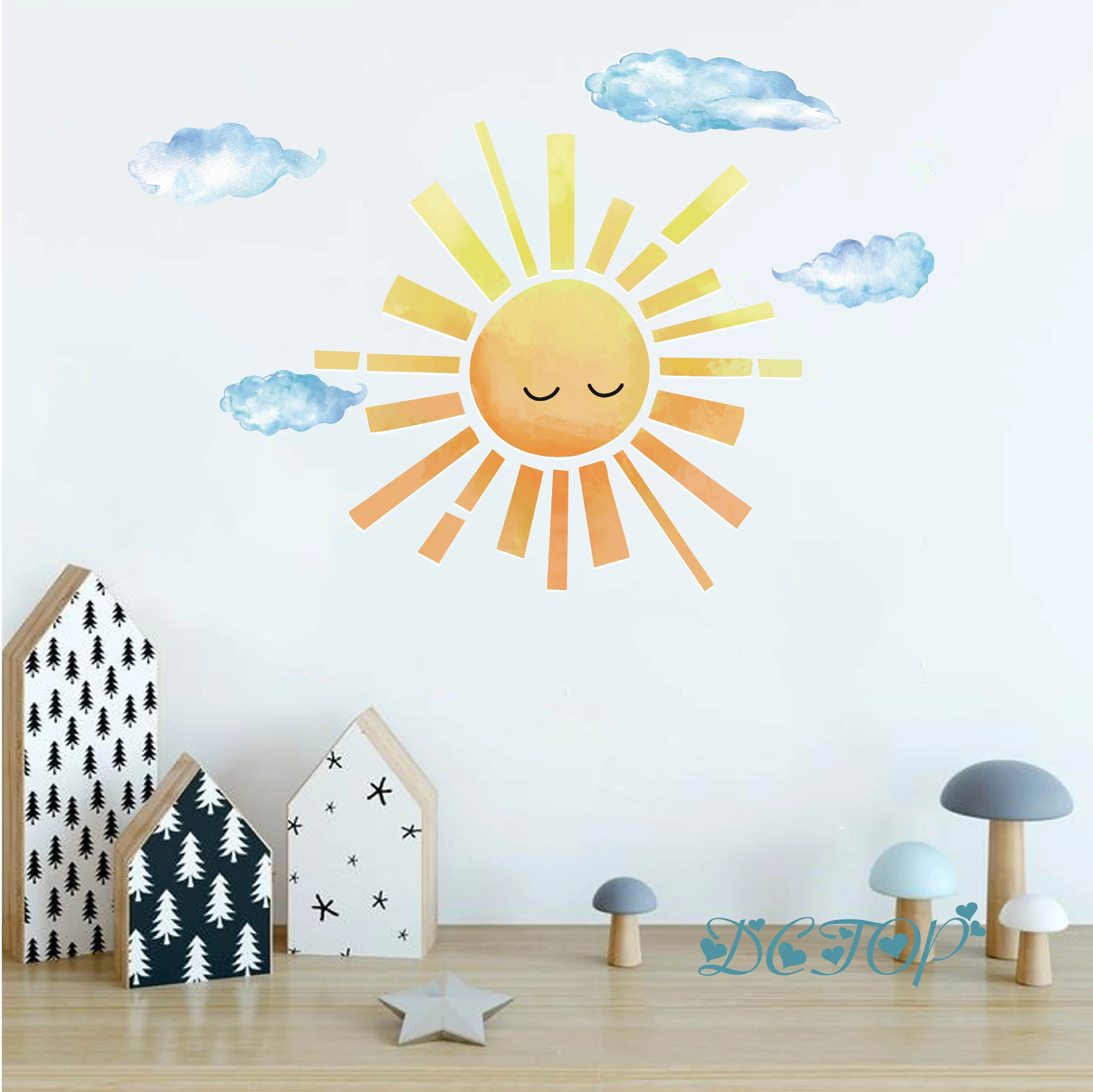 Watercolor Sunshine Wall Stickers Sun Cloud Adhesive Wallpaper Kids Room Decoration Baby Bedroom Nursery Living Room Home Decor