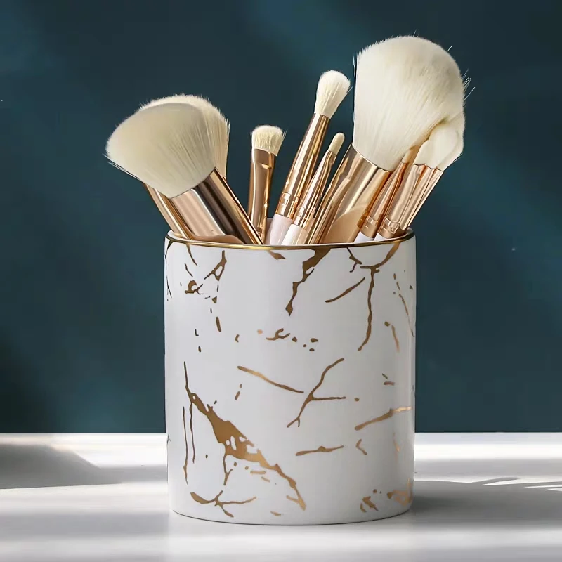 Nordic Ins Marble Pattern Pen Holder Cosmetic Brush Storage Box Makeup Brush Holder Ceramic Jar Home Table Decoration Container