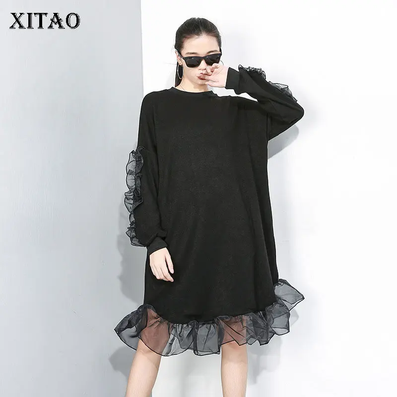 XITAO Сетчатое трикотажное черное платье женское Модное Новое прямое лоскутное с