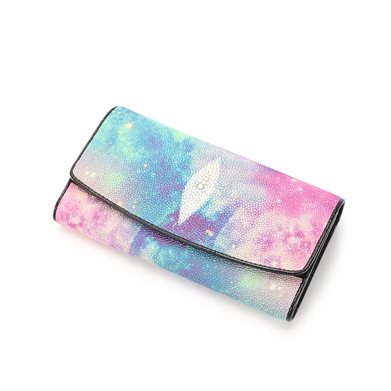 

Authentic Real Stingray Skin Lady Card Holders Genuine Leather Hasp Closure Mixed-Colors Women's Long Wallet Female Clutch Purse