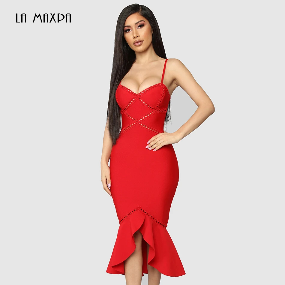 2021 Summer New Women's Sexy Red Spaghetti Backless Mermaid Bandage Dress Fashion Celebrity Party Vestidos | Женская одежда