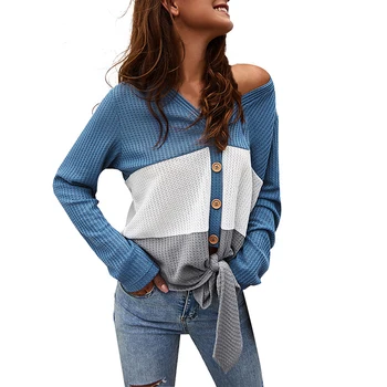 

Knitted sweater button stitching color V-neck Button Women Sweater Long-sleeved Contrast Color splice Cardigan