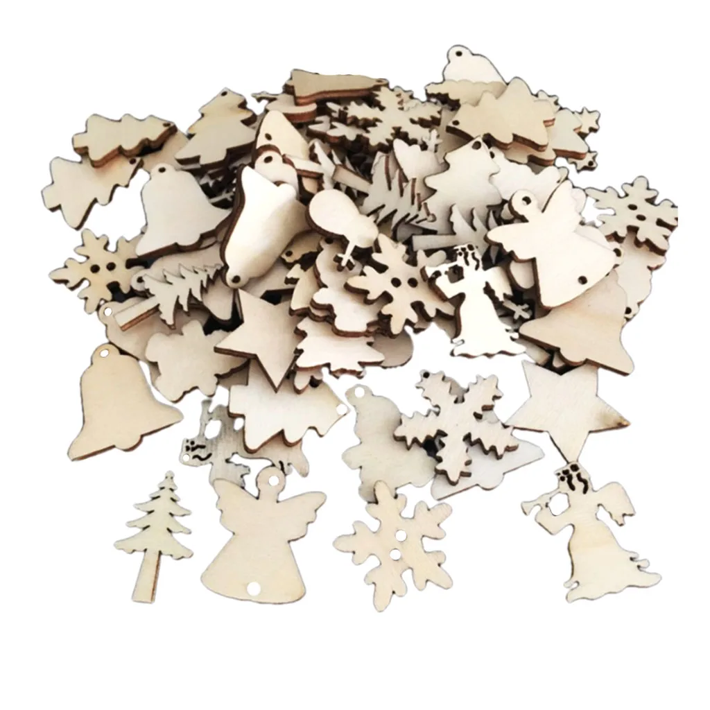 50 Pcs Trees Shapes Nature Decorations Sets for Kids - Angle, Ring Bell, Tree, Snowflakes Shaped Wooden Embellishments