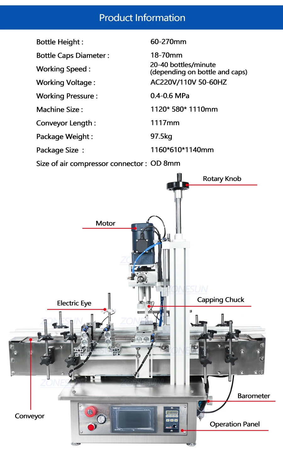 ZONESUN ZS-XG1870 18-70mm Máquina de tampar automática de mesa pneumática