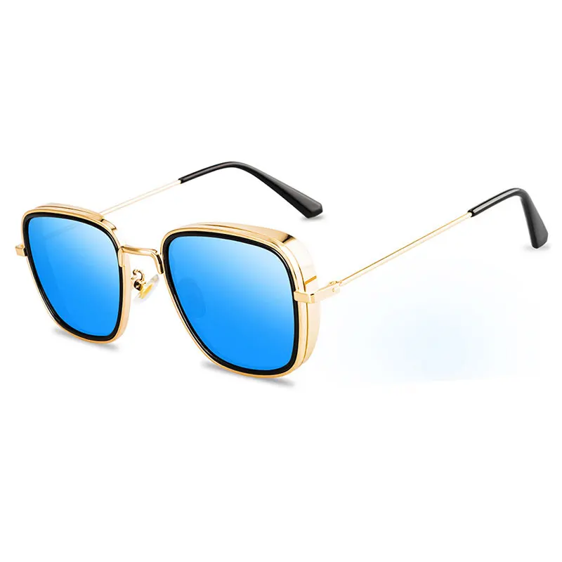 Gold Blue HUHAITANG дизайнерские классические квадратные солнцезащитные очки, мужские винтажные стимпанк Солнцезащитные очки, женские роскошные брендовые качественные уличные мужские солнцезащитные очки - Цвет линз: Gold Blue
