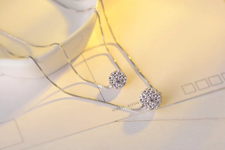 925 Sterling Silver Double Layer Shiny CZ Zirconia Crystal Lucky Ball Pendant Necklace For Women Gift pendant necklace,silver necklace,silver pendant
