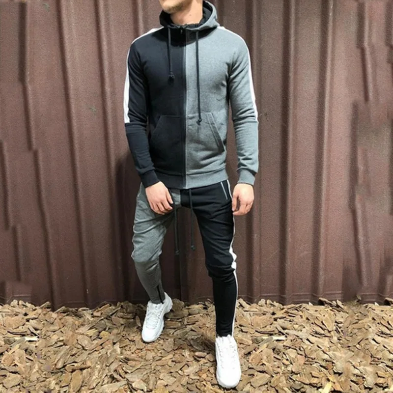Blog Jogger Sets Sportswear Mens Hoodie Gym Zip Drawstring Pocket Striped Splicing Slim Fit Racksuit Set chandal hombre