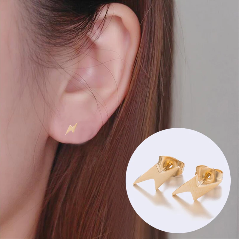 Jisensp Punk Geometric Stainless Steel Earrings Unique Design Lightning Shape Stud Earrings Fashion Jewelry for Women Men Gift
