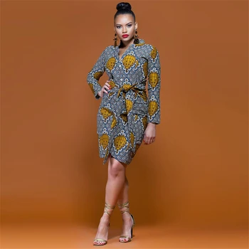 

Ethnic Print African Traditional Dress Woman Irregular Dashiki Long Sleeve Bazin Riche Elegant Party Africa Clothing with Belt