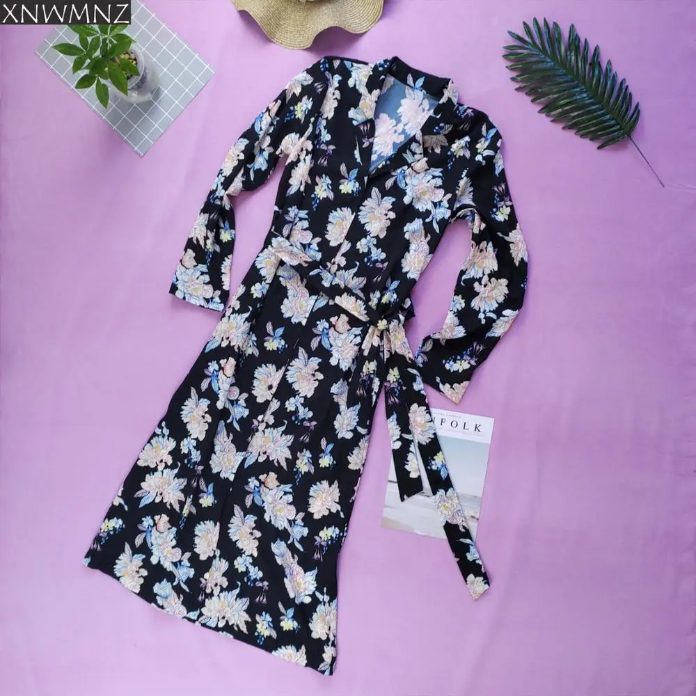 

Za Women Elegant Summer V-Neck Long Sleeve Front Button Side Hidden Pockets Female Bow Belt black Flowers Print Midi Dresses Oz
