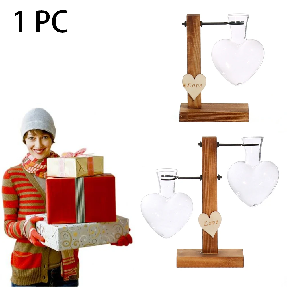 Heart Shape Hydroponic Plants Glass Vase Garden DIY Decoration Transparent Container Gift Wooden Frame Home Wedding Cultivating