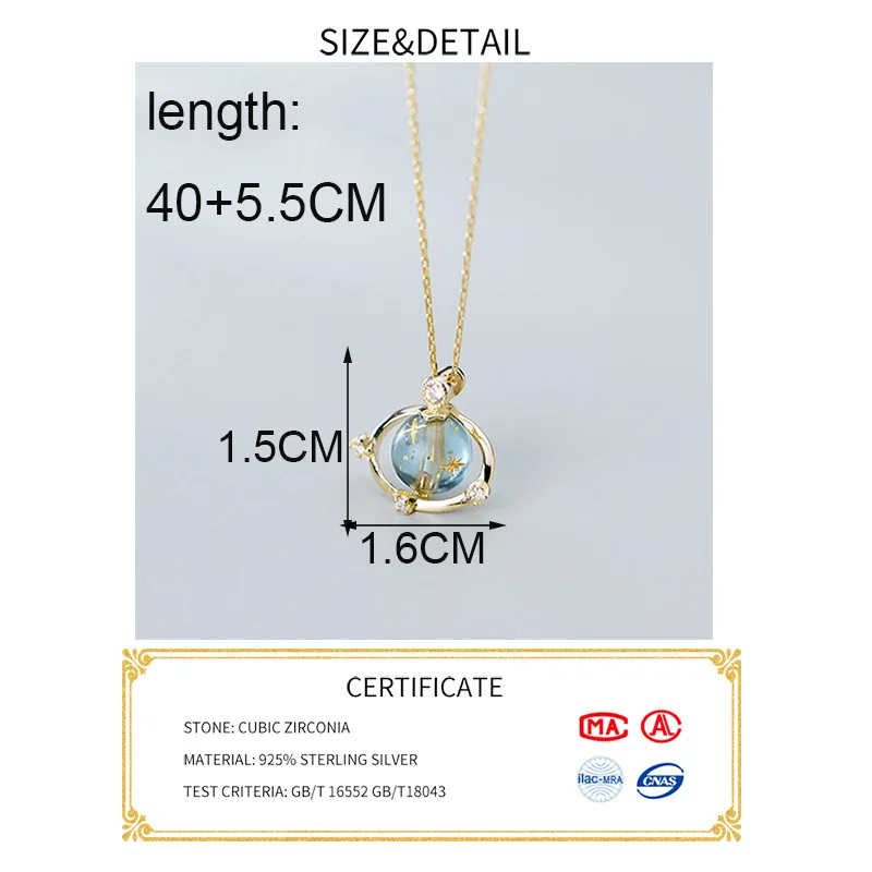 PONYKISS 925 Sterling Silver Planet Blue Pendant Necklace Party Delicate Fashion Jewelry Accessory Girl Simple Chic Gift