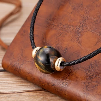 Round Natural Tiger Eye Stone Choker Necklace For Women Black Leather Rope Adjustable Chain Female Fashion Jewelry Gift