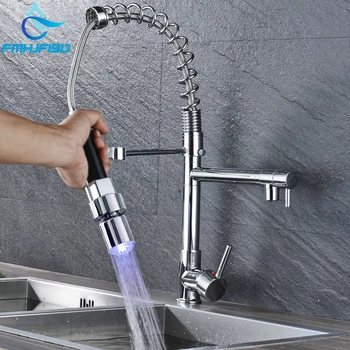 

LED Color Changing Kitchen Faucet Mixer Tap Spring Polished Chrome Kitchen Crane Tap Deck Mounted Swive Spout Pull Down Faucet