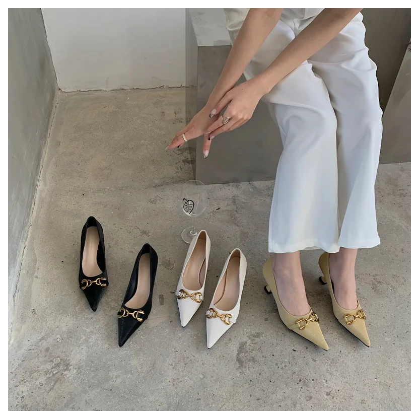Zapatos de tacón bajo para Mujer, calzado informal de trabajo con punta  puntiaguda, sin cordones, de marca poco profunda, con hebilla de Metal| Zapatos de tacón de mujer| - AliExpress