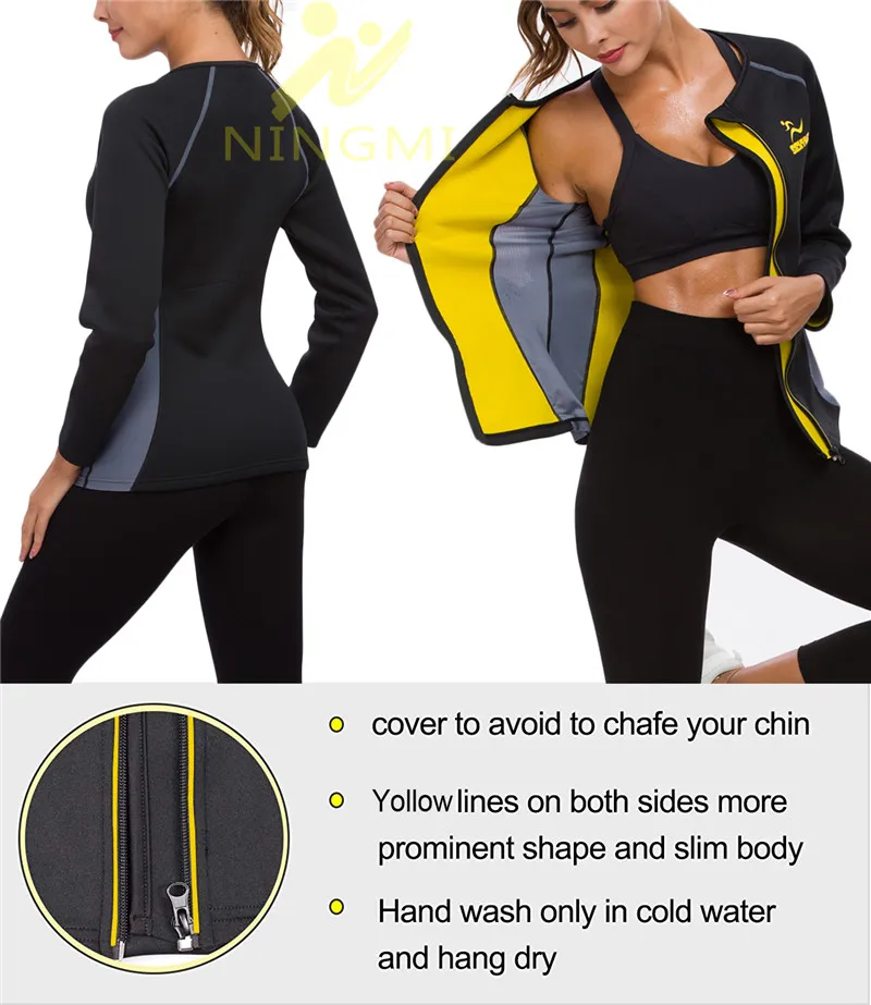 NINGMI согревающая рубашка Неопреновая сауна Корректирующее белье для тела для похудения женский спортивный топ на молнии сетчатая блузка с длинным рукавом Корректирующее белье