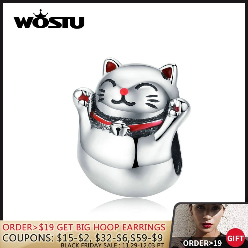 

WOSTU Fortune Cat Beads 925 Sterling Silver Enamel Charm Fit Original DIY Bracelet Lucky Silver 925 Jewelry Making CQC1178