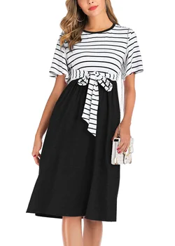 

2020 Striped Round Collar Short Sleeve Pregnant Women's Dress Maternity Clothes For Pregnant Women Dress