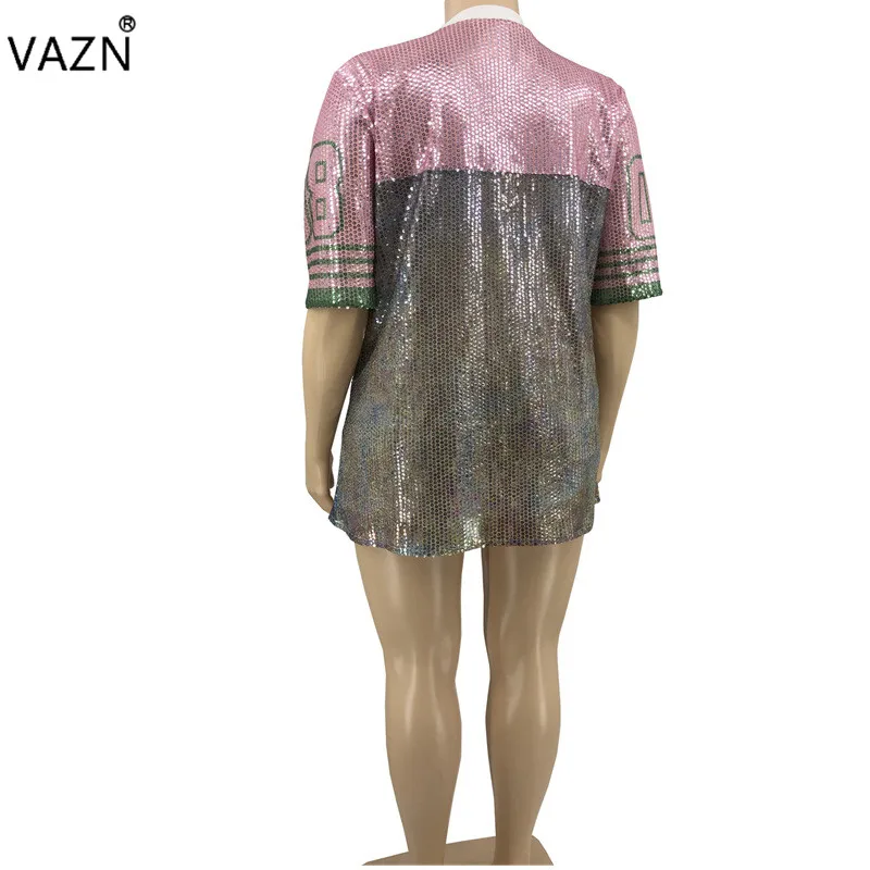 VAZN/YF-1002, большие размеры, тяжелая промышленность, расшитая блестками, нежная, сексуальная, модная, с буквенным принтом, с круглым вырезом, с коротким рукавом, Джокер, женские длинные футболки