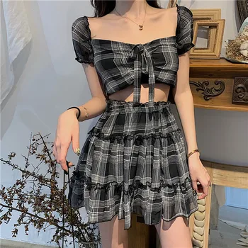 

Korean Chic Summer Plaid Women Suit Square Collar Sweet Bow Short Top Elastic Waist lattice Skirt Cute Ruffled Pleated Two Piece