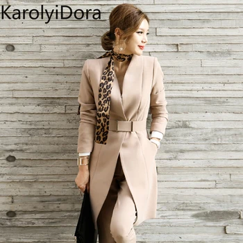 

Office Lady Pant Suit Long Blazer Coat with Sashes +zipper Straight Pant Female 2 Piece Sets
