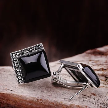 

selling sterling silver S925 pure silver exquisite packaging side with marseille black agate ear clip accessories