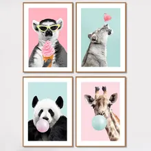 Girafa panda com bolha cartaz e impressões bonito imagem para sala de criança berçário lona pintura à prova dwaterproof água material unframe
