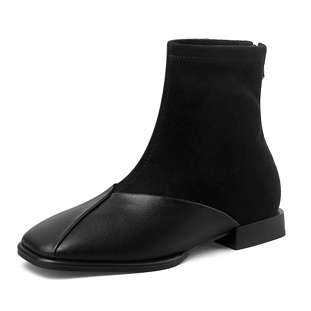 

Square Toe Thick Heel Flat Ankle Boots Microfiber Stitching Suede Trendy Fashionable Street Women's Shoes Autumn New Boots