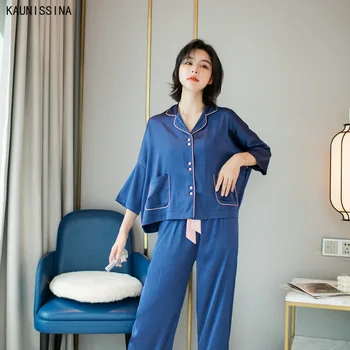 

Womens Silk Pajamas Spring Autumn Sleepwear Turn-down Collar Three Quarter Sleeve Tops Long Pants Two Piece Homewear Loungewear