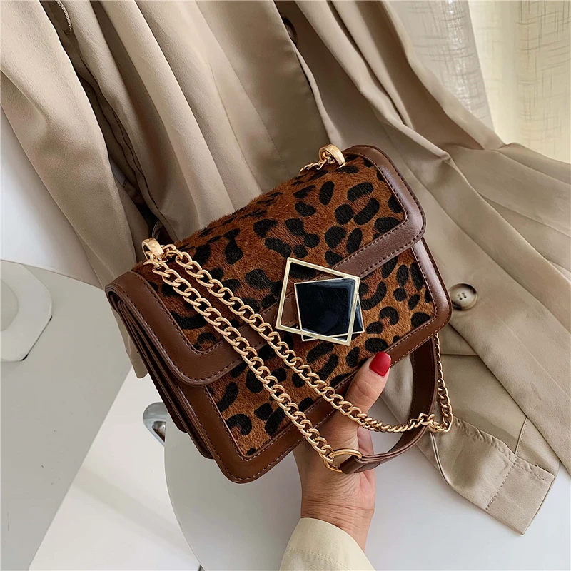 Зимние леопардовые кожаные сумки через плечо для женщин дизайнерский замок сумка через плечо Маленькая цепочка дамские сумочки и кошельки