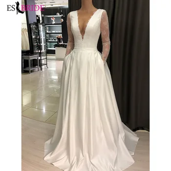 

Main wedding dress bride V-collar French tailed satin long-sleeved dream wedding dress