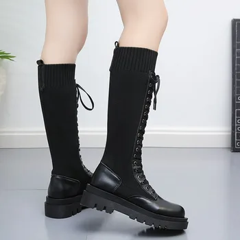 Lace Up Knitted Leather Boots  6