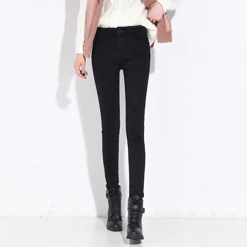 Black Velvet jeans Высокая талия ягненка кашемир плюс бархат зимние джинсы женские джинсовые брюки карандаш теплые плотные стрейч джинсы для женщин в стиле бойфренд Q1867 - Цвет: Black Velvet jeans