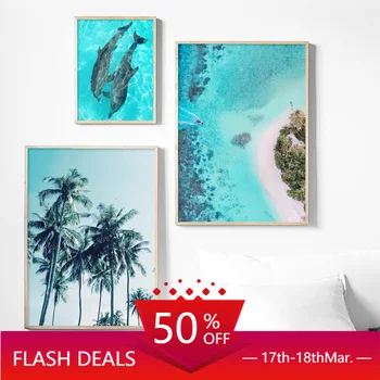 

Canvas Painting Beach Sea Green Palm Tree Dolphin Quote Wall Art Nordic Posters And Prints Wall Pictures For Living Home Decor