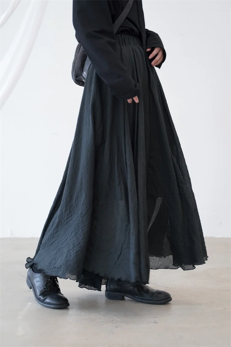 [EAM] черная льняная длинная короткая юбка с высокой эластичной талией, женская модная универсальная юбка, Новинка весна-осень, 1B653