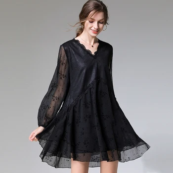 

Chiffon Dress Black Sexy Suede Patchwork Embroidery Women Plus Size 2020 Summer Spring Lady Casual Loose Mini Dress2xl