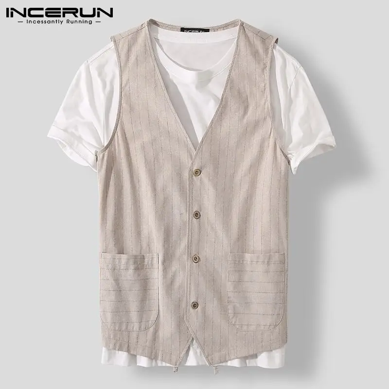 INCERUN-trajes informales con cuello de pico y botones para hombre, ropa de calle a rayas, chalecos de ocio sin mangas para Fitness, chaquetas con bolsillos 5XL, 2021