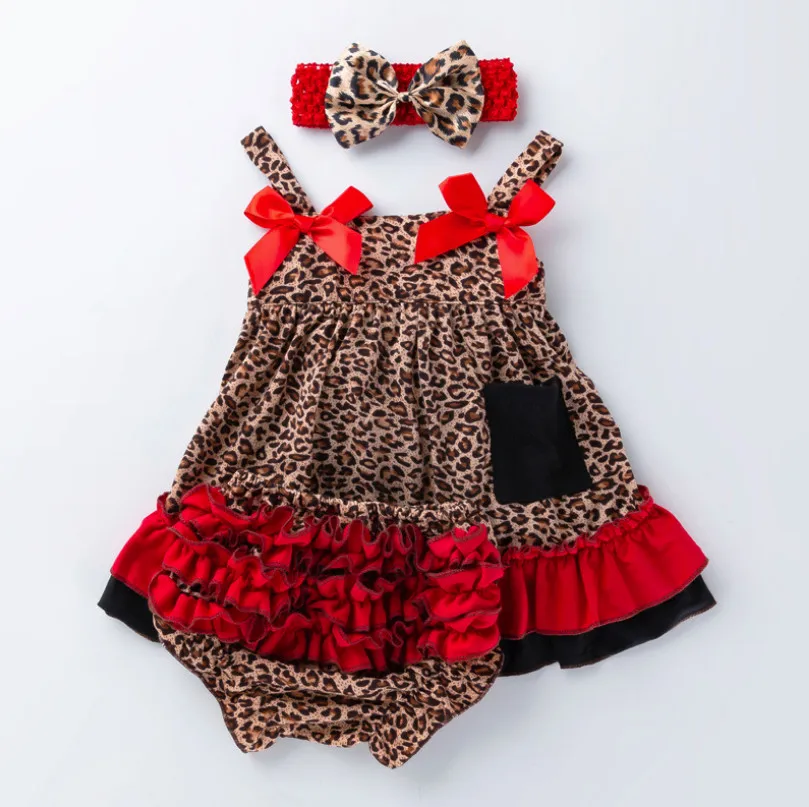 Для маленьких девочек с бантом хлопковые топы платье Leopard рябить шаровары Трусики для женщин Головные уборы 3 предмета костюм