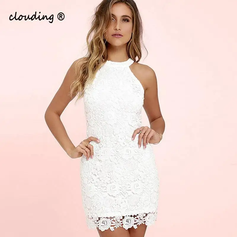 

Womens Mini Dress White Elegant Wedding Party Sexy Night Club Halter Neck Sleeveless Sheath Bodycon Lace Dress