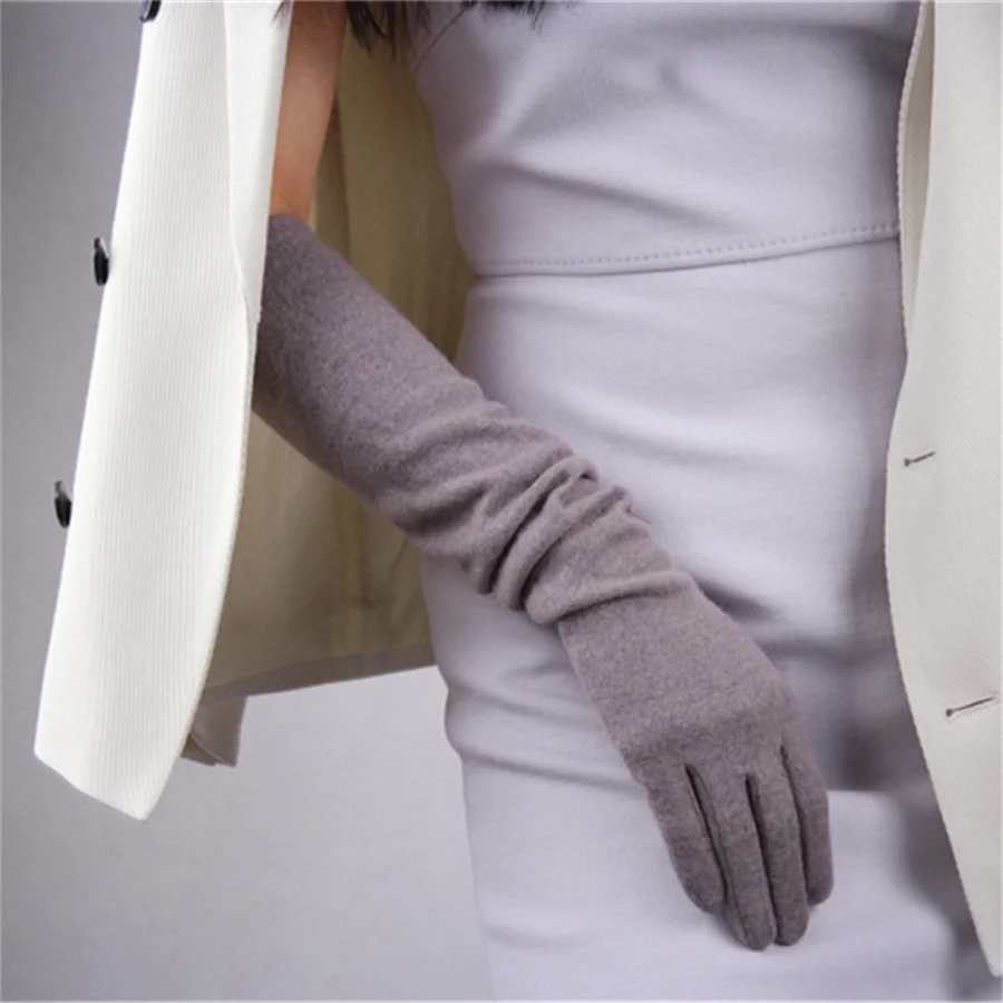 Female Fashion Elegant Cashmere Wool Gloves 50cm Long Section Elbow Elastic Female Models Seiko Light Gray 5-YR10