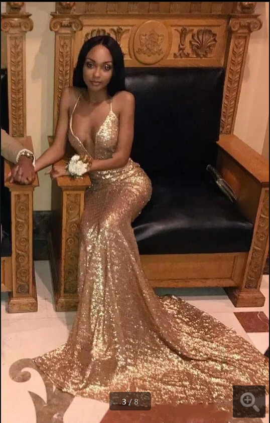 Robe De Soiree 2019 блестками Спагетти ремни длинное вечернее платье в африканском стиле сексуальная глубокий v-образный вырез Русалка золото