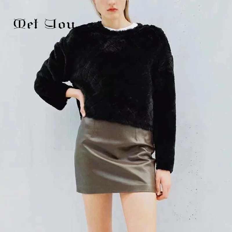 

Za 2020 Women's Faux Fur Effect Long Sleeve Sweatshirt Solid Color O-neck Winter Warm Fashion Short Top MET007
