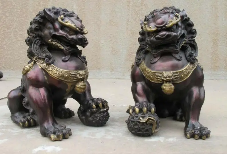 Китайская красная бронза Медь Feng Shui зло дверь охранника Фу Собака Статуя Льва