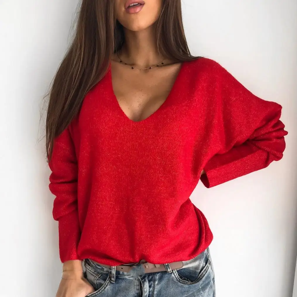 2Xl сексуальный ажурный вязаный свитер с v-образным вырезом, Женский Осенний тонкий свитер с длинным рукавом, Яркие топы, пуловеры, одноцветные свободные женские свитера
