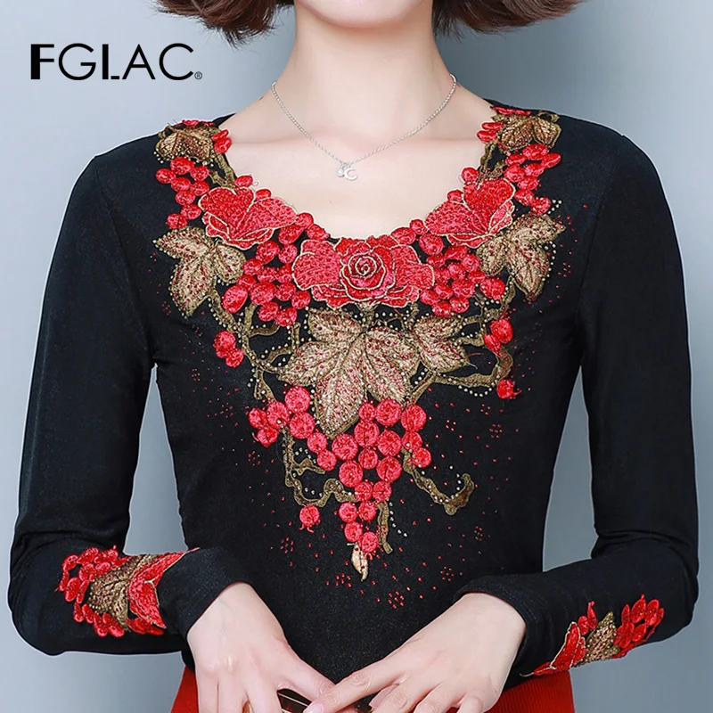  6XL blusas mujer de moda 2019 Autumn long sleeve Mesh tops Fashion Elegant slim Flower embroidery w