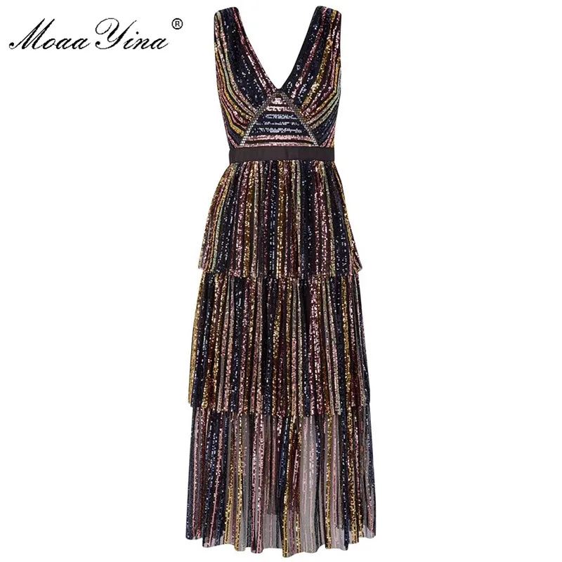 

MoaaYina High Quality Autumn New Arrive Deep V mix Color Sequined Women Midi Dress