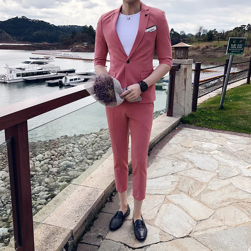 Pink Свадебные костюмы для мужчин, Terno Masculino, повседневное приталенное платье, Одноцветный, 8 цветов, мужской костюм жениха с брюками, комплект из 2 предметов, костюм для мужчин - Цвет: Pink