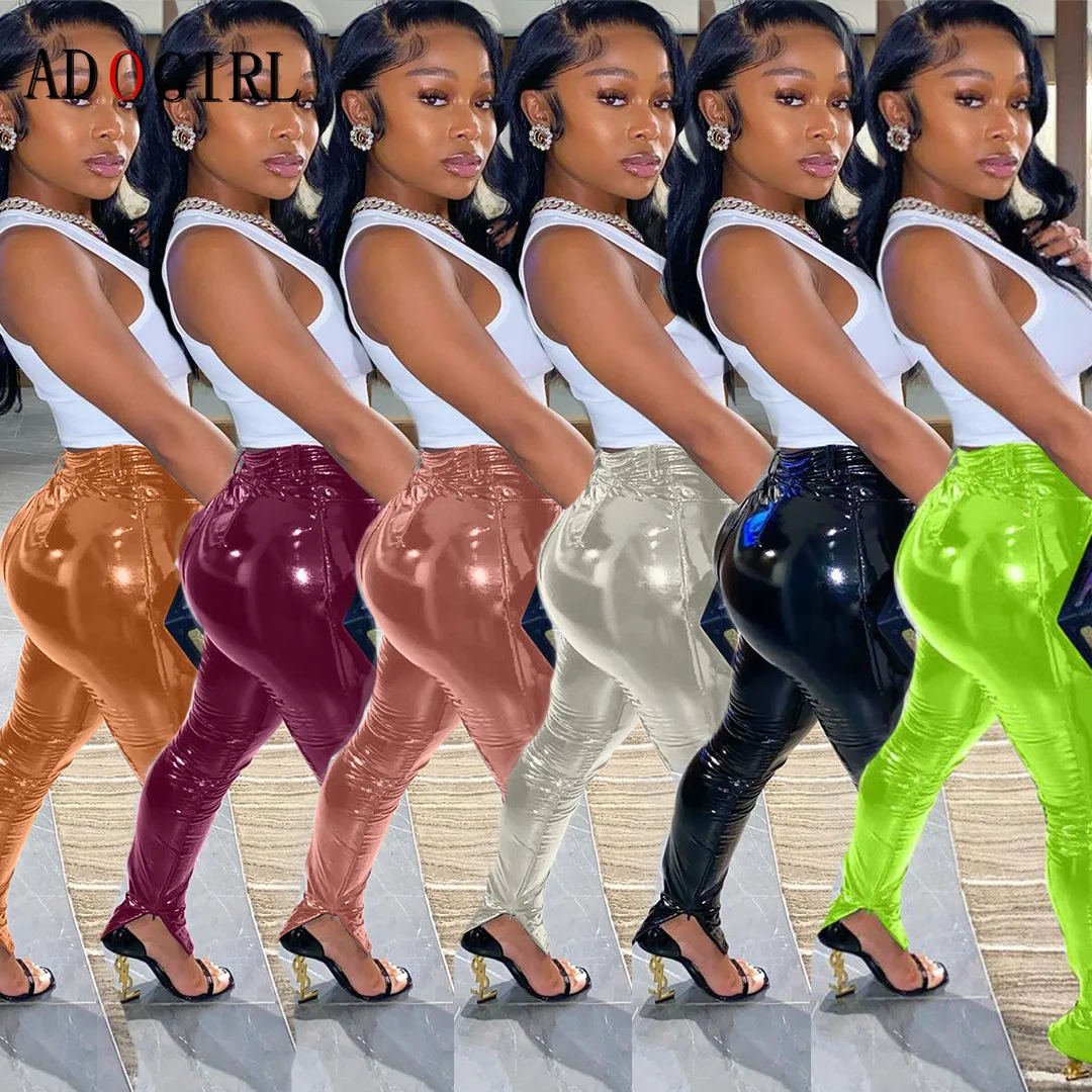

Adogirl PU Leather Pants Women High Waist Skinny Zipper Sweatpants Female Autumn Winter Split Bottom Solid Trousers Streetwear