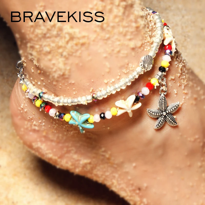 

BRAVEKISS Ocean Starfish Fish Pendant Anklets New Stone Beads Anklet Bohemian Friendship Bracelets On Leg BOHO Jewelry PA0032