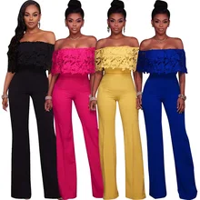 Personality Lace Ruffled Loose party elegent Jumpsuit Mid Waist One Shoulder Micro-horn Pants Solid S-XL Yellow Black Blue